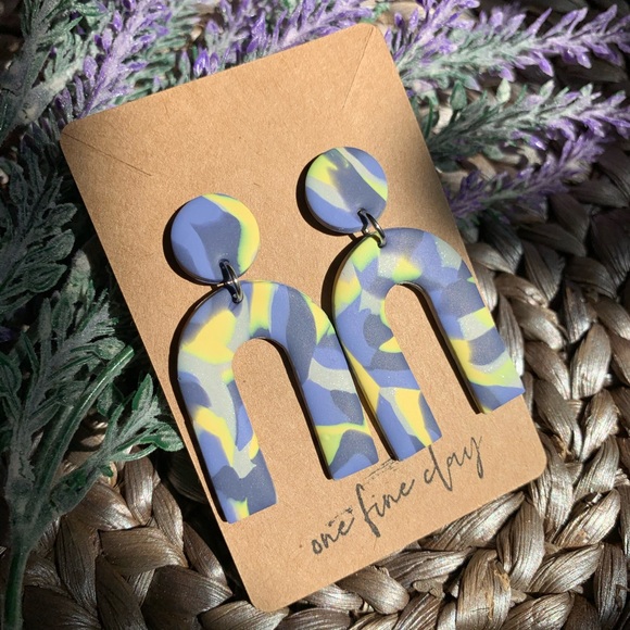 Blue & Yellow Swirls - Polymer Clay Earrings - Picture 3 of 6